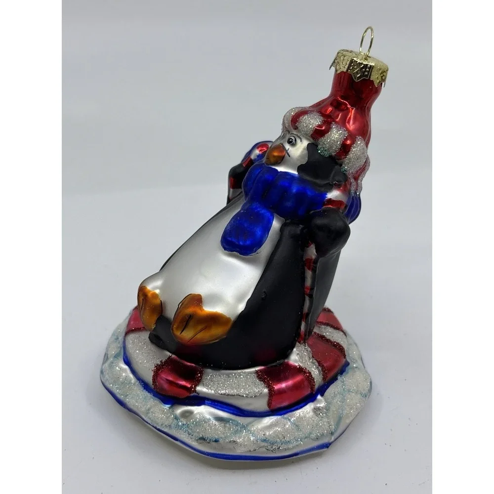 Vintage‎ Hand Blown Penguin On Ice Christmas Ornament